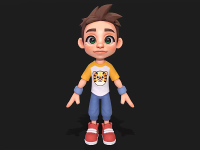 Cartoon Boy With Brown Hair Big Eyes Yellow Sleeved White T-shirt Blue Pants Red Shoes 3d model