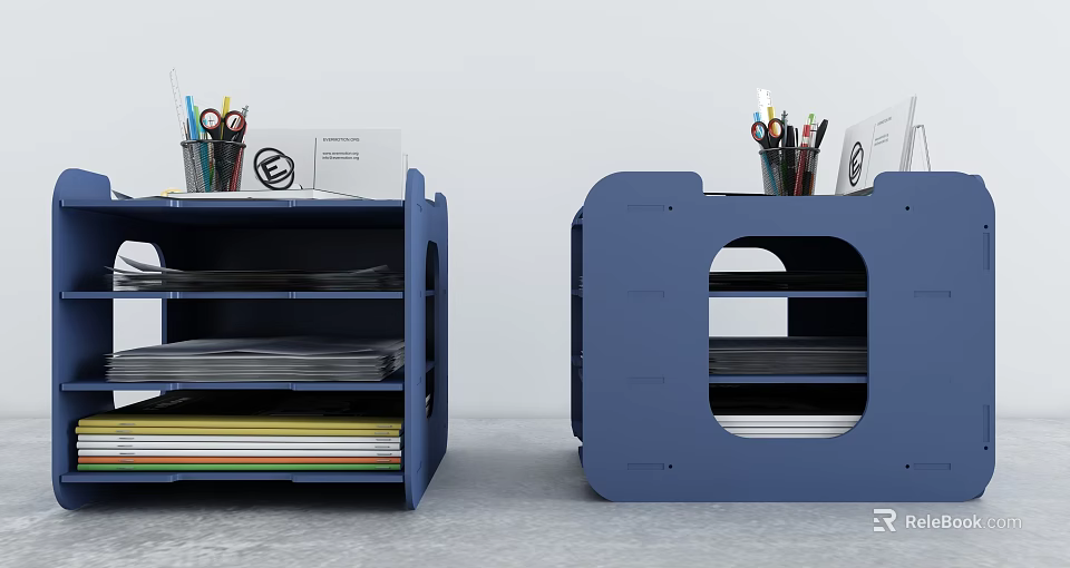 Blue Storage Racks Featuring Pen Holders Colorful Pens Folders And Papers 3d model 