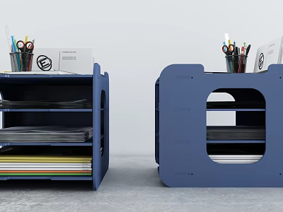 Blue Storage Racks Featuring Pen Holders Colorful Pens Folders And Papers 3d model