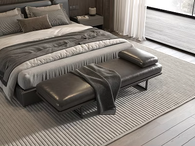 Modern Bedroom Interior With Large Bed Gray Bedding Leather Bench And Area Rug 3d model