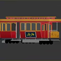 Detailed Vintage Tram Model Featuring Orange Red Exterior And Reflective Display Base