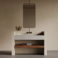 Elegant Minimalist Bathroom Vanity Featuring Hanging Mirror Marble Top And Wooden Shelf