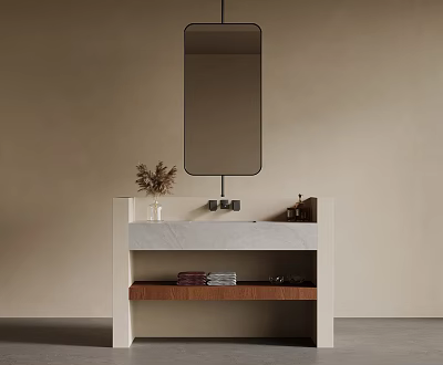 Elegant Minimalist Bathroom Vanity Featuring Hanging Mirror Marble Top And Wooden Shelf 3d model