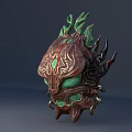 Intricate Carved Mythical Mask Sculpture With Red Surface And Green Horns