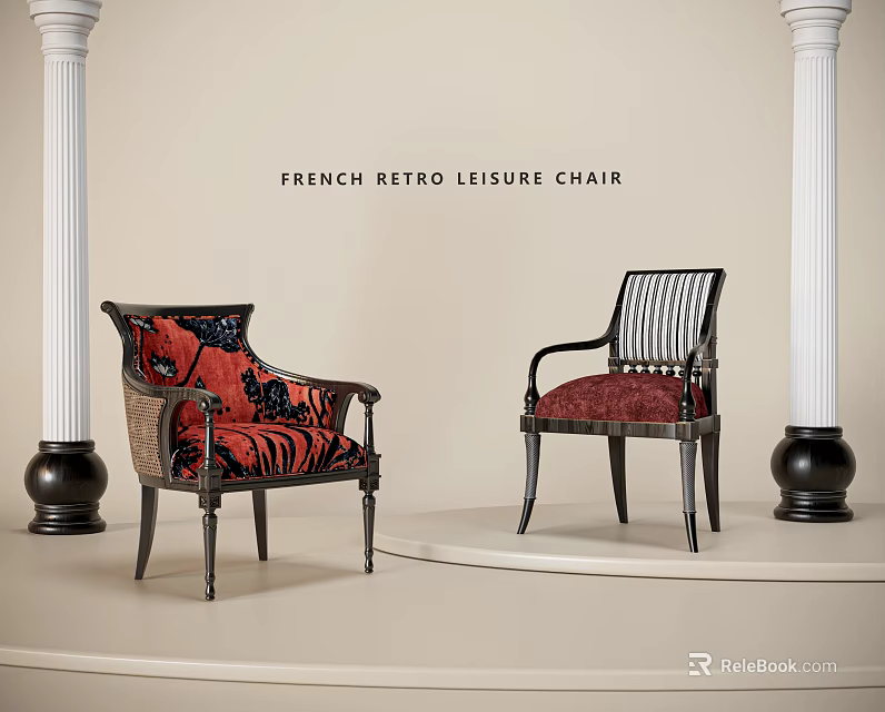 French Retro Leisure Single Sofa Design With Red Patterned Upholstery Rattan Accents And Striped Backrest 3d model 