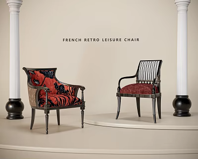 French Retro Leisure Single Sofa Design With Red Patterned Upholstery Rattan Accents And Striped Backrest 3d model