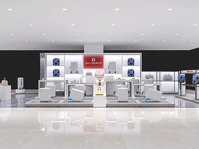 Samsung Showroom Interior With White Display Stands Product Displays And Bright Lighting 3d model
