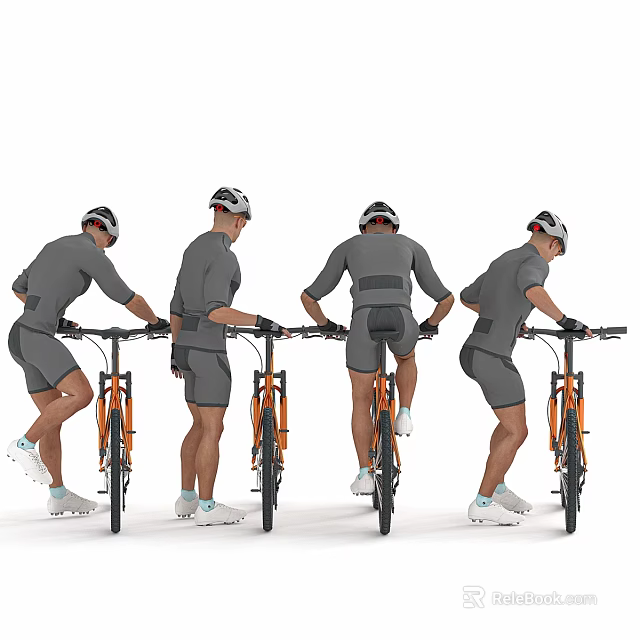 Men in Gray Sportswear With Helmets Preparing to Ride Orange Bicycles 3d model 