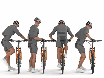 Men in Gray Sportswear With Helmets Preparing to Ride Orange Bicycles 3d model