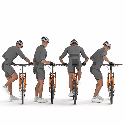 Men in Gray Sportswear With Helmets Preparing to Ride Orange Bicycles 3d model