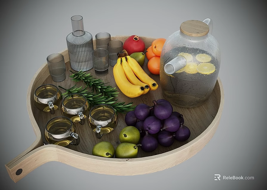 Fresh Fruits Display on Wooden Tray with Bananas Oranges Pomegranate Plums and Glasses 3d model 