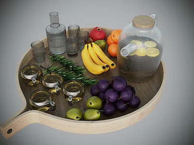 Fresh Fruits Display on Wooden Tray with Bananas Oranges Pomegranate Plums and Glasses 3d model