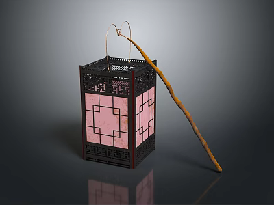 Traditional Chinese Decorative Furniture Lantern With Black Carved Frame Pink Diamond Pattern And Wooden Handle 3d model