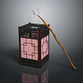 Traditional Chinese Decorative Furniture Lantern With Black Carved Frame Pink Diamond Pattern And Wooden Handle