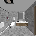 Modern Bathroom With Marble Walls Floor Glass Shower And Wooden Vanity Mirror