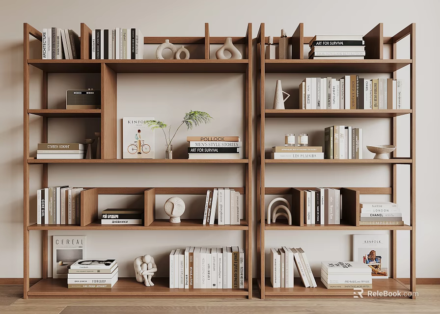 Stylish Modern Wooden Bookshelf Interior With Books Decorative Items Plants And Photo Frames 3d model 