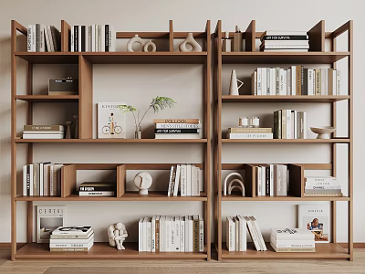 Stylish Modern Wooden Bookshelf Interior With Books Decorative Items Plants And Photo Frames 3d model