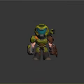 3D Robotic Warrior Character With Green Armor Blue Visor And Mechanical Weapon Arm 3d model