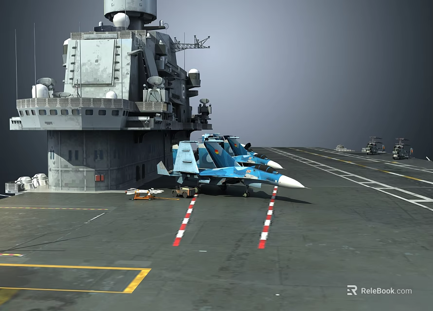 Aircraft Carrier Deck Featuring Blue Fighter Jets Control Tower And Red White Marker Lines 3d model 