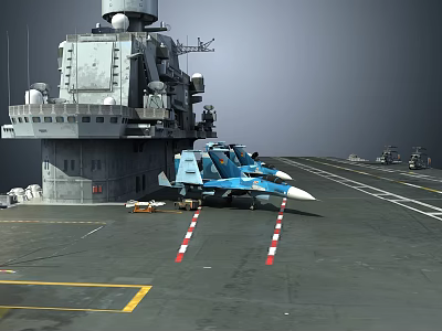 Aircraft Carrier Deck Featuring Blue Fighter Jets Control Tower And Red White Marker Lines 3d model