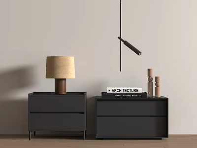 Black Bedside Tables With Drawers Table Lamp Beige Shade Book And Decorative Cylinders 3d model