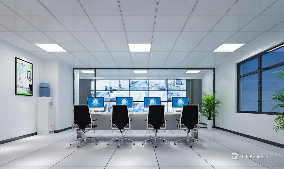 Modern Monitoring Room Interior With Multiple Monitoring Screens Office Chairs Desk And Green Plant 3d model 