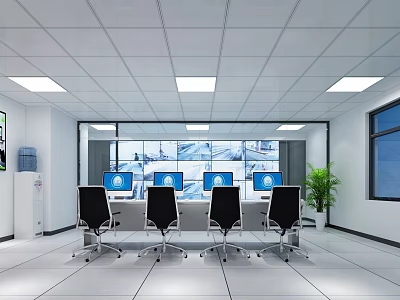 Modern Monitoring Room Interior With Multiple Monitoring Screens Office Chairs Desk And Green Plant 3d model
