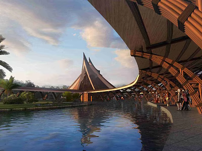 Waterfront Landscape With Wooden Structure Triangular Roof People Walking Reflection On Water And Surrounding Plants 3d model
