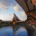 Waterfront Landscape With Wooden Structure Triangular Roof People Walking Reflection On Water And Surrounding Plants