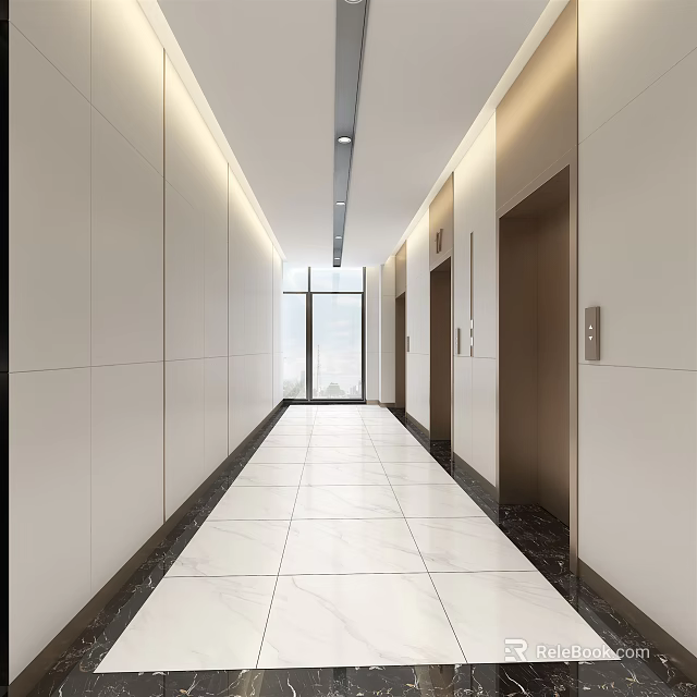 Modern Elevator Hallway Interior Design With White Walls Tile Floor And Lighting 3d model