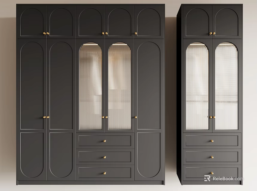 Modern Black Wardrobe Design With Glass Doors Gold Handles And Drawers 3d model 