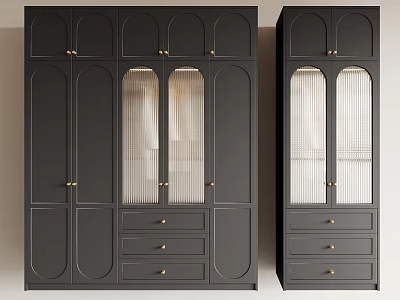 Modern Black Wardrobe Design With Glass Doors Gold Handles And Drawers 3d model
