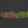 3D Model of Small Houses with Red Roofs and Green Trees Circular and Scattered Layout