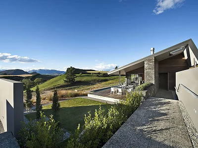Modern Single Family Villa with Mountain View Terrace and Greenery Under Blue Sky 3d model