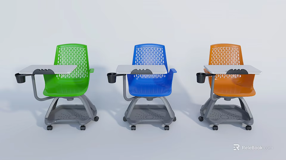 Multicolor Single Task Chair With Attached Table Cup Holder And Wheels 3d model 