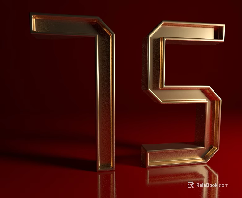Golden Metallic Hinged Door Design With 3D Number 15 On Shiny Red Background 3d model 