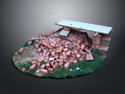Natural Scenery Featuring Red Brick Debris Damaged Concrete Slab and Green Grass 3d model
