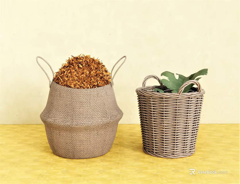 Woven Storage Baskets with Dried Flowers and Green Leaf on Yellow Tabletop Against Beige Wall 3d model 