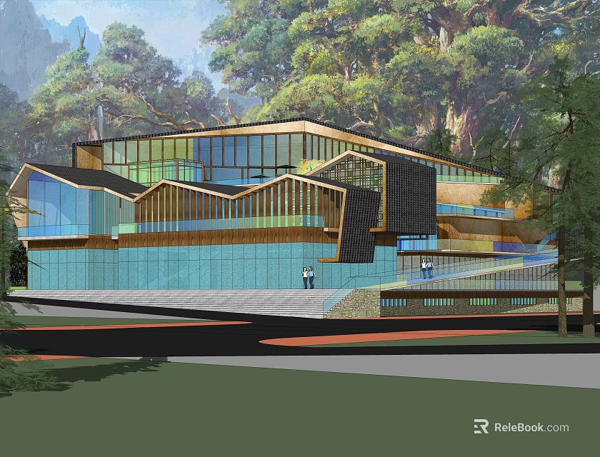 Modern Building Design With Glass Facade Surrounded By Trees And Mountains 3d model
