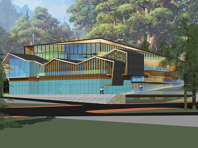 Modern Building Design With Glass Facade Surrounded By Trees And Mountains 3d model