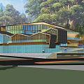 Modern Building Design With Glass Facade Surrounded By Trees And Mountains 3d model