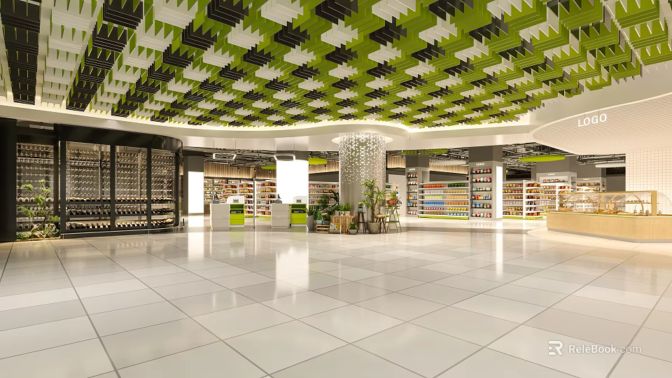Spacious Modern Supermarket Interior With Green Black Grid Ceiling And Shelves 3d model 