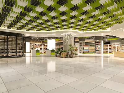 Spacious Modern Supermarket Interior With Green Black Grid Ceiling And Shelves 3d model
