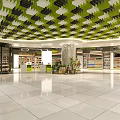 Spacious Modern Supermarket Interior With Green Black Grid Ceiling And Shelves