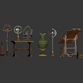 Vintage Furniture Display With Small Table Lamp Ceramic Vase And Wooden Easel