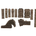 Wooden Carved Decorative Ornament Set Featuring Various Shapes Including Face Horse And Patterned Pillars
