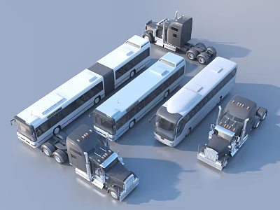 Various Commercial Vehicles Including Trucks And Buses On Gray Background 3d model