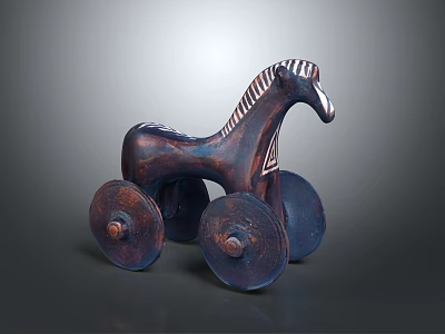 Classic Handmade Wooden Toy Horse Furniture With Decorative Wheels And Striped Details 3d model