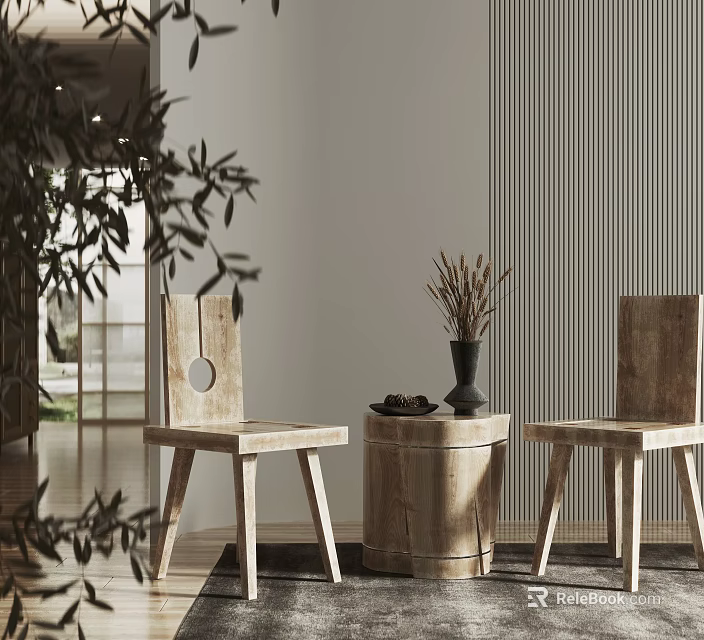 Modern Wooden Dining Chairs And Round Table With Dried Plant Vase And Natural Decor 3d model 