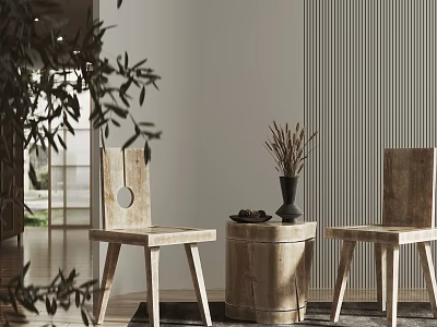 Modern Wooden Dining Chairs And Round Table With Dried Plant Vase And Natural Decor 3d model